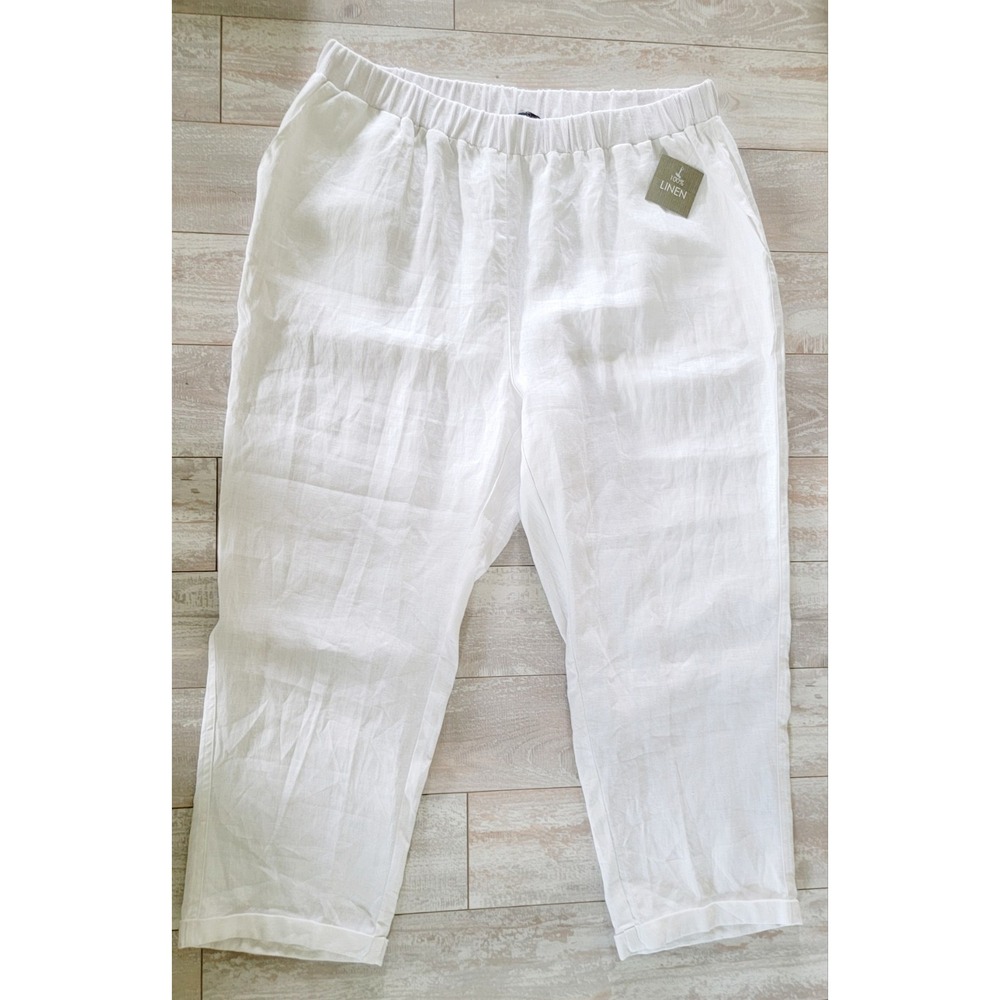 For Cynthia 2X Plus Linen‎ Pants White Pull On Pckts Cuff Leg NWT RV $79